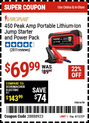 Buy the VIKING Lithium Ion Jump Starter and Power Pack (Item 62749) for $69.99, valid through 6/12/2022.