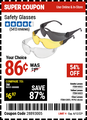 Buy the WESTERN SAFETY Safety Glasses with Smoke Lenses (Item 66822/66823/99762/63851) for $0.86, valid through 6/12/2022.