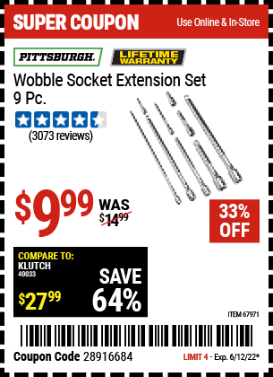 Buy the PITTSBURGH Wobble Socket Extension Set 9 Pc. (Item 67971) for $9.99, valid through 6/12/2022.