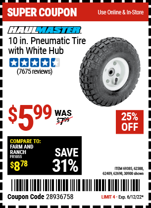 Buy the HAUL-MASTER 10 in. Pneumatic Tire with White Hub (Item 30900/69385/62388/62409/62698) for $5.99, valid through 6/12/2022.