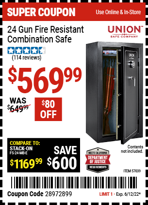 Buy the UNION SAFE COMPANY 24 Gun Fire Resistant Combination Safe (Item 57039) for $569.99, valid through 6/12/2022.