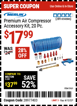 Buy the MERLIN Premium Air Compressor Accessory Kit, 20 Pc. (Item 57621) for $17.99, valid through 6/12/2022.