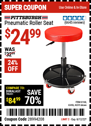Buy the PITTSBURGH AUTOMOTIVE Pneumatic Roller Seat (Item 46319/61160/63456) for $24.99, valid through 6/12/2022.