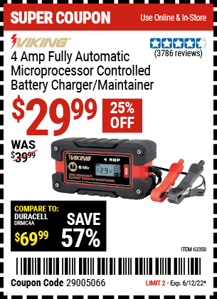 Buy the VIKING 4 Amp Fully Automatic Microprocessor Controlled Battery Charger/Maintainer (Item 63350) for $29.99, valid through 6/12/2022.