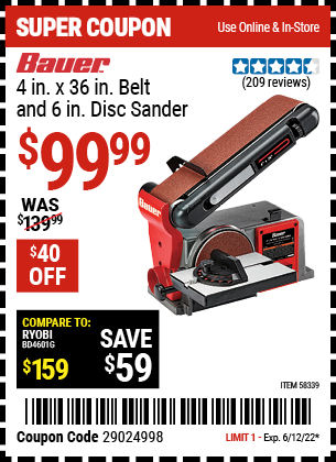 Buy the BAUER 4 In. X 36 In. Belt And 6 In. Disc Sander (Item 58339) for $99.99, valid through 6/12/2022.