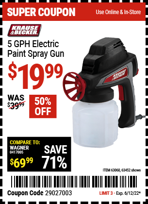 Buy the KRAUSE & BECKER 5 GPH Electric Paint Spray Gun (Item 63452/63060) for $19.99, valid through 6/12/2022.