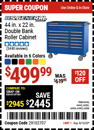 Buy the U.S. GENERAL SERIES 2 44 In. X 22 In. Double Bank Roller Cabinet (Item 64133/64281/64134/64443/64446/64954/64955/64956) for $499.99, valid through 6/12/2022.