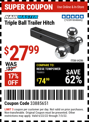 Buy the HAUL-MASTER Triple Ball Trailer Hitch (Item 64286) for $27.99, valid through 7/3/2022.