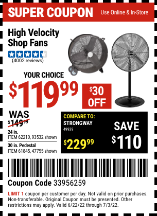 Buy the CENTRAL MACHINERY High Velocity Shop Fan (Item 47755/61845/93532/62210) for $119.99, valid through 7/3/2022.