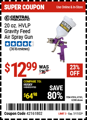 CENTRAL PNEUMATIC 20 oz. HVLP Gravity Feed Air Spray Gun for $12.99 ...