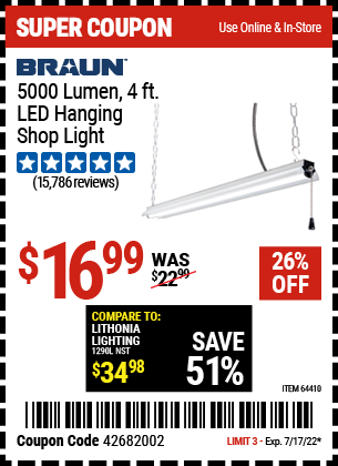 Buy the BRAUN 4 Ft. LED Hanging Shop Light (Item 64410) for $16.99, valid through 7/17/2022.