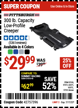 Buy the PITTSBURGH AUTOMOTIVE 40 In. 300 Lb. Capacity Low-Profile Creeper, Green (Item 57310/57311/57312/63371/63372/63424/64169) for $29.99, valid through 7/17/2022.