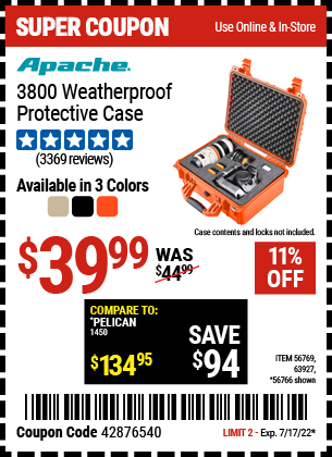 Buy the APACHE 3800 Weatherproof Protective Case – Large – Orange (Item 56766/56769/63927) for $39.99, valid through 7/17/2022.