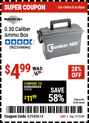 Buy the BUNKER HILL SECURITY Ammo Dry Box (Item 63135/61451) for $4.99, valid through 7/17/2022.