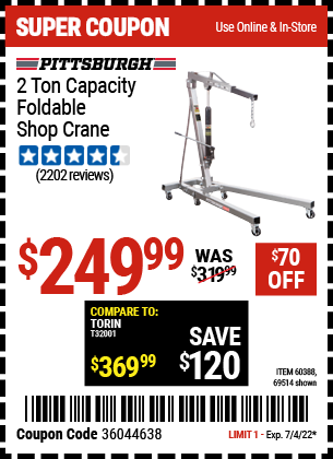 Buy the PITTSBURGH AUTOMOTIVE 2 Ton Capacity Foldable Shop Crane (Item 69514/60388) for $249.99, valid through 7/4/2022.