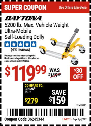 Buy the DAYTONA 5200 Lb. Max Vehicle Weight Ultra-Mobile Self-Loading Dolly (Item 64601) for $119.99, valid through 7/4/2022.