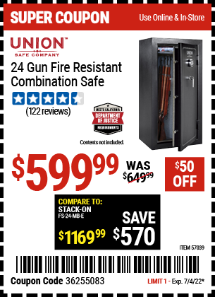 Buy the UNION SAFE COMPANY 24 Gun Fire Resistant Combination Safe (Item 57039) for $599.99, valid through 7/4/2022.