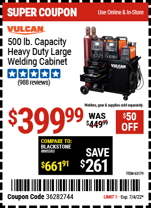 Buy the VULCAN Heavy Duty Large Welding Cabinet (Item 63179) for $399.99, valid through 7/4/2022.