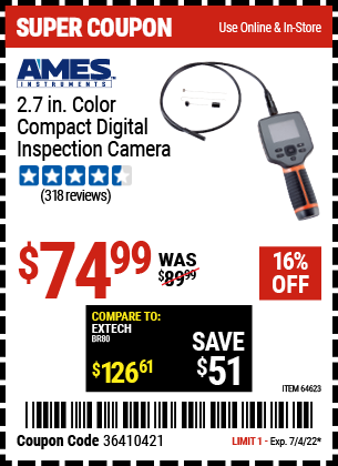 Buy the AMES 2.7 in. Color Compact Digital Inspection Camera (Item 64623) for $74.99, valid through 7/4/2022.