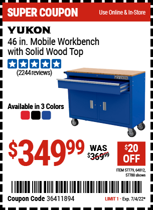 Buy the YUKON 46 in. Mobile Workbench with Solid Wood Top – Red (Item 57779/57780/64012/64023) for $349.99, valid through 7/4/2022.