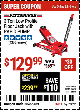 Buy the PITTSBURGH AUTOMOTIVE 3 Ton Low Profile Steel Heavy Duty Floor Jack With Rapid Pump (Item 56617/56618/56619/56620) for $129.99, valid through 7/4/2022.