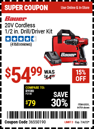 Buy the BAUER 20V Hypermax Lithium 1/2 In. Drill/Driver Kit (Item 63531/63531) for $54.99, valid through 7/4/2022.