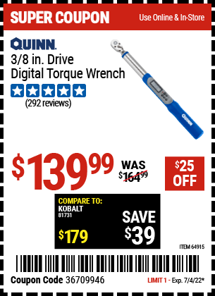 Buy the QUINN 3/8 in. Drive Digital Torque Wrench (Item 64915) for $139.99, valid through 7/4/2022.