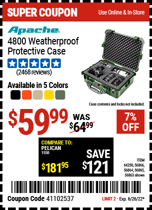 Buy the APACHE 4800 Weatherproof Protective Case – X-Large – Green (Item 56863/56864/56865/56866/64250) for $59.99, valid through 6/26/2022.