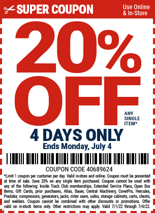 20 off coupon for any single item now thru 7 4 harbor freight coupons