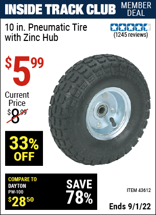 Inside Track Club members can buy the 10 in. Pneumatic Tire with Zinc Hub (Item 43612) for $5.99, valid through 9/1/2022.