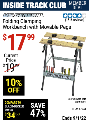 Inside Track Club members can buy the U.S. GENERAL Folding Clamping Workbench with Movable Pegs (Item 47844) for $17.99, valid through 9/1/2022.