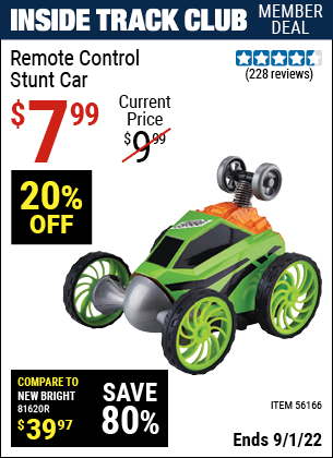 Inside Track Club members can buy the Remote Control Stunt Car (Item 56166) for $7.99, valid through 9/1/2022.