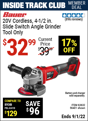 BAUER 20V Hypermax Lithium Cordless 4-1/2 in. Heavy Duty Angle Grinder for $32.99