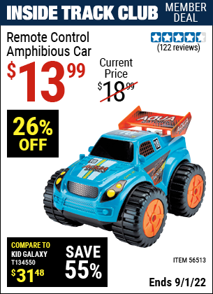 Inside Track Club members can buy the Remote Control Amphibious Car (Item 56513) for $13.99, valid through 9/1/2022.