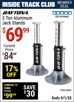 Inside Track Club members can buy the DAYTONA 3 Ton Aluminum Jack Stands (Item 56687) for $69.99, valid through 9/1/2022.