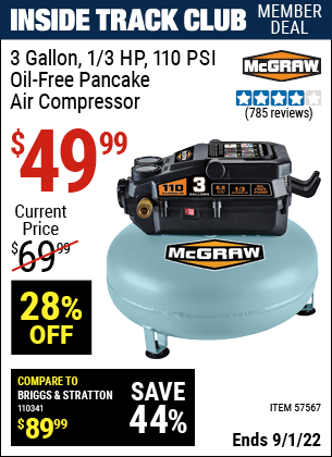 Inside Track Club members can buy the MCGRAW 3 Gallon 1/3 HP 110 PSI Oil-Free Pancake Air Compressor (Item 57567) for $49.99, valid through 9/1/2022.