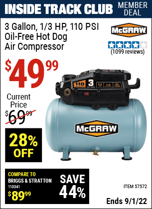Inside Track Club members can buy the MCGRAW 3 Gallon 1/3 HP 110 PSI Oil-Free Hotdog Air Compressor (Item 57572) for $49.99, valid through 9/1/2022.