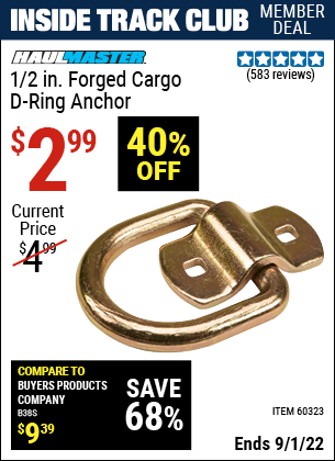 Inside Track Club members can buy the HAUL-MASTER 1/2 in. Forged Cargo D-Ring Anchor (Item 60323) for $2.99, valid through 9/1/2022.