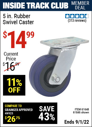 Inside Track Club members can buy the 5 in. Rubber Heavy Duty Swivel Caster (Item 61846/61648) for $14.99, valid through 9/1/2022.