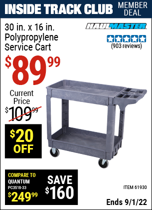 Inside Track Club members can buy the HAUL-MASTER 16 In. x 30 In. Industrial Polypropylene Service Cart (Item 61930) for $89.99, valid through 9/1/2022.