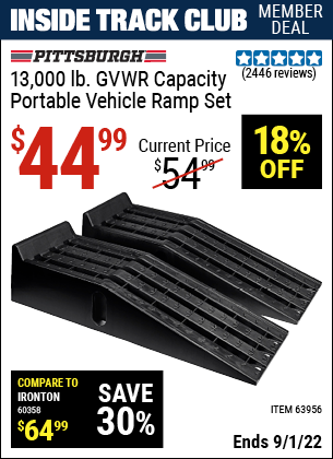 Inside Track Club members can buy the PITTSBURGH AUTOMOTIVE 13000 Lb. Portable Vehicle Ramp Set (Item 63956) for $44.99, valid through 9/1/2022.