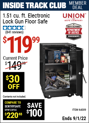Inside Track Club members can buy the UNION SAFE COMPANY 1.51 cu. ft. Electronic Lock Gun Floor Safe (Item 64009) for $119.99, valid through 9/1/2022.