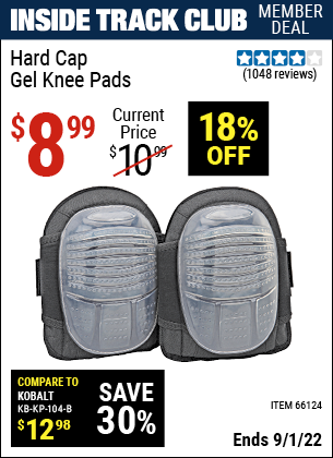 Inside Track Club members can buy the WESTERN SAFETY Hard Cap Gel Knee Pads (Item 66124) for $8.99, valid through 9/1/2022.
