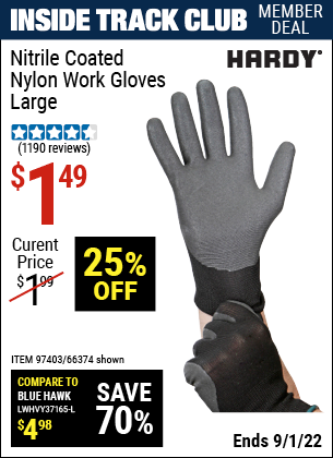 Inside Track Club members can buy the HARDY Polyurethane Coated Nylon Work Gloves Large (Item 66374/97403) for $1.49, valid through 9/1/2022.