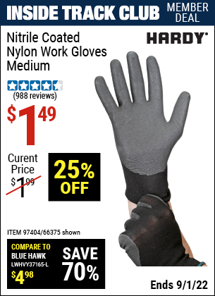 Inside Track Club members can buy the HARDY Polyurethane Coated Nylon Work Gloves Medium (Item 66375/97404) for $1.49, valid through 9/1/2022.