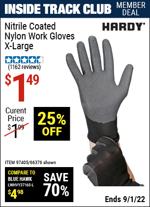 Inside Track Club members can buy the HARDY Polyurethane Coated Nylon Work Gloves X-Large (Item 66376/97405) for $1.49, valid through 9/1/2022.