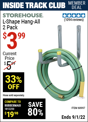 Inside Track Club members can buy the STOREHOUSE L-Shape Hang-All 2 Pk. (Item 68997) for $3.99, valid through 9/1/2022.