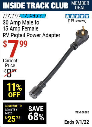 Inside Track Club members can buy the HAUL-MASTER 30 Amp Male to 15 Amp Female RV Pigtail Power Adapter (Item 69282) for $7.99, valid through 9/1/2022.