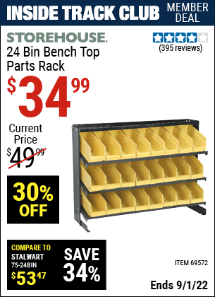 Inside Track Club members can buy the STOREHOUSE 24 Bin Bench Top Parts Rack (Item 69572) for $34.99, valid through 9/1/2022.