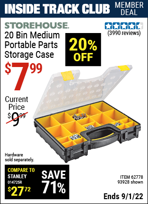 Inside Track Club members can buy the STOREHOUSE 20 Bin Medium Portable Parts Storage Case (Item 93928/62778) for $7.99, valid through 9/1/2022.